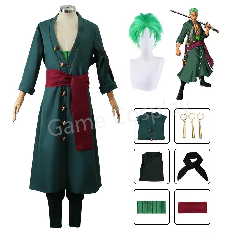 Zoro Anime Merchandise - Loronoa zoro-男性用のコスプレ衣装,アニメの置物,緑のユニフォーム,コート,パンツ,スカーフ,かつら,イヤリング,ハロウィーンの服