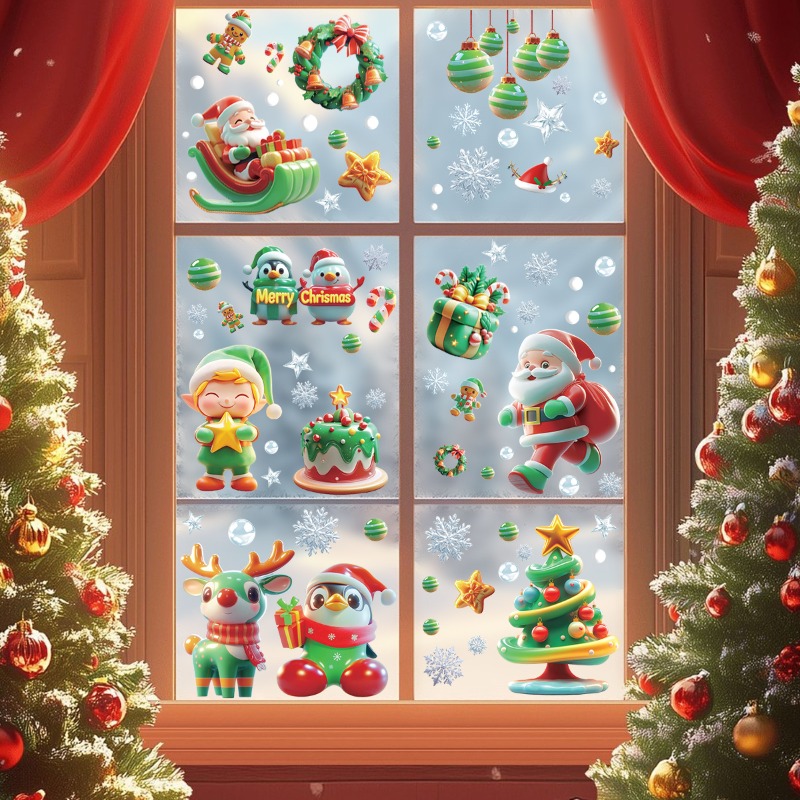 9枚/セットのクリスマスツリー雪だるま静電ガラスドアステッカ - Sticker Sheet Set のレビューと価格